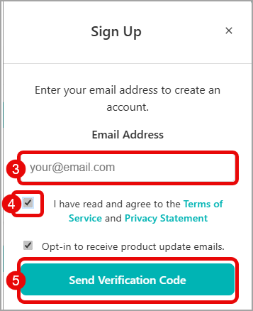 Sign-up steps 3, 4, and 5
