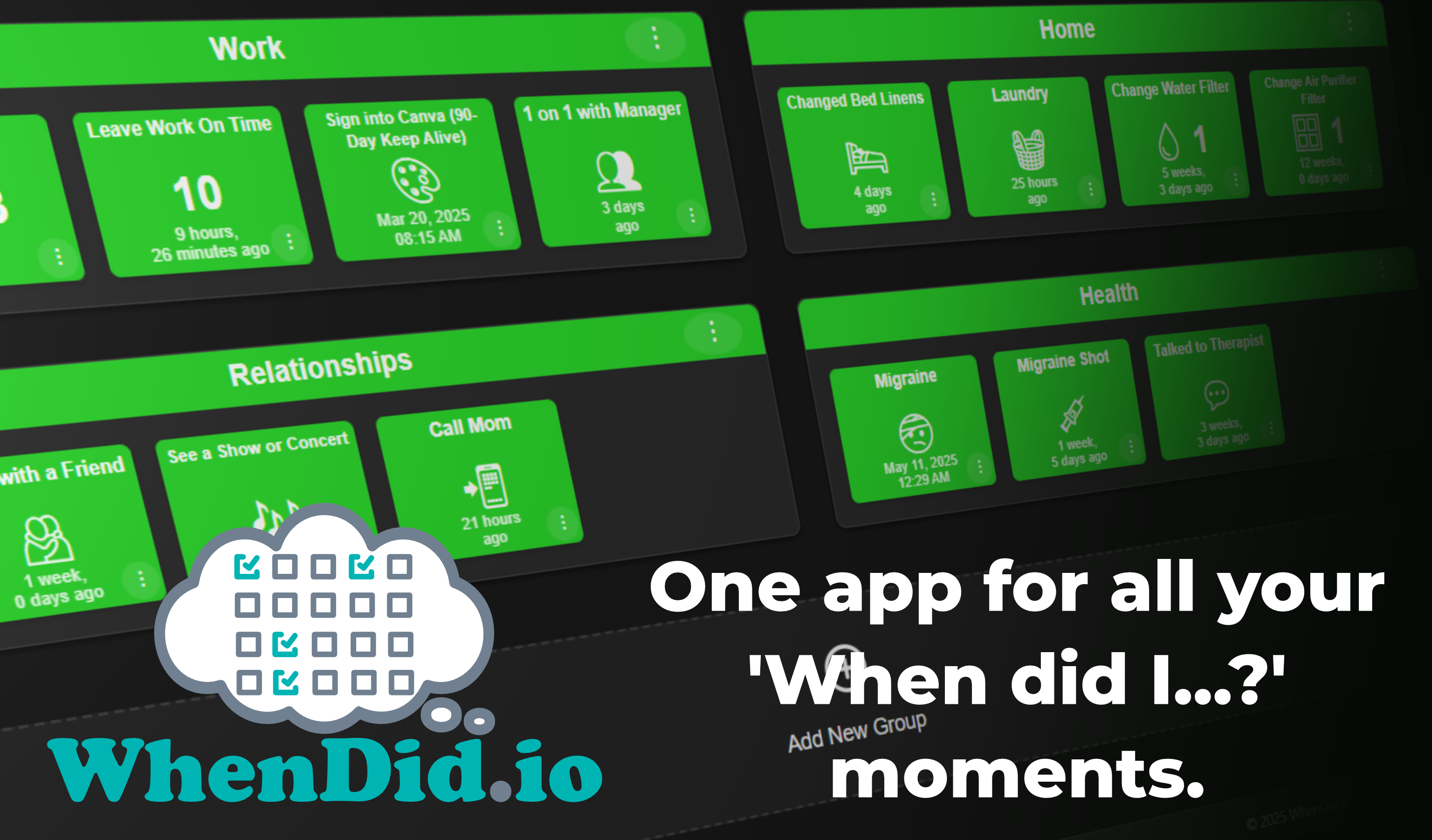 Screenshot of WhenDid.io showing custom buttons to track tasks like changing filters, calling mom, having a migraine, or signing into work apps